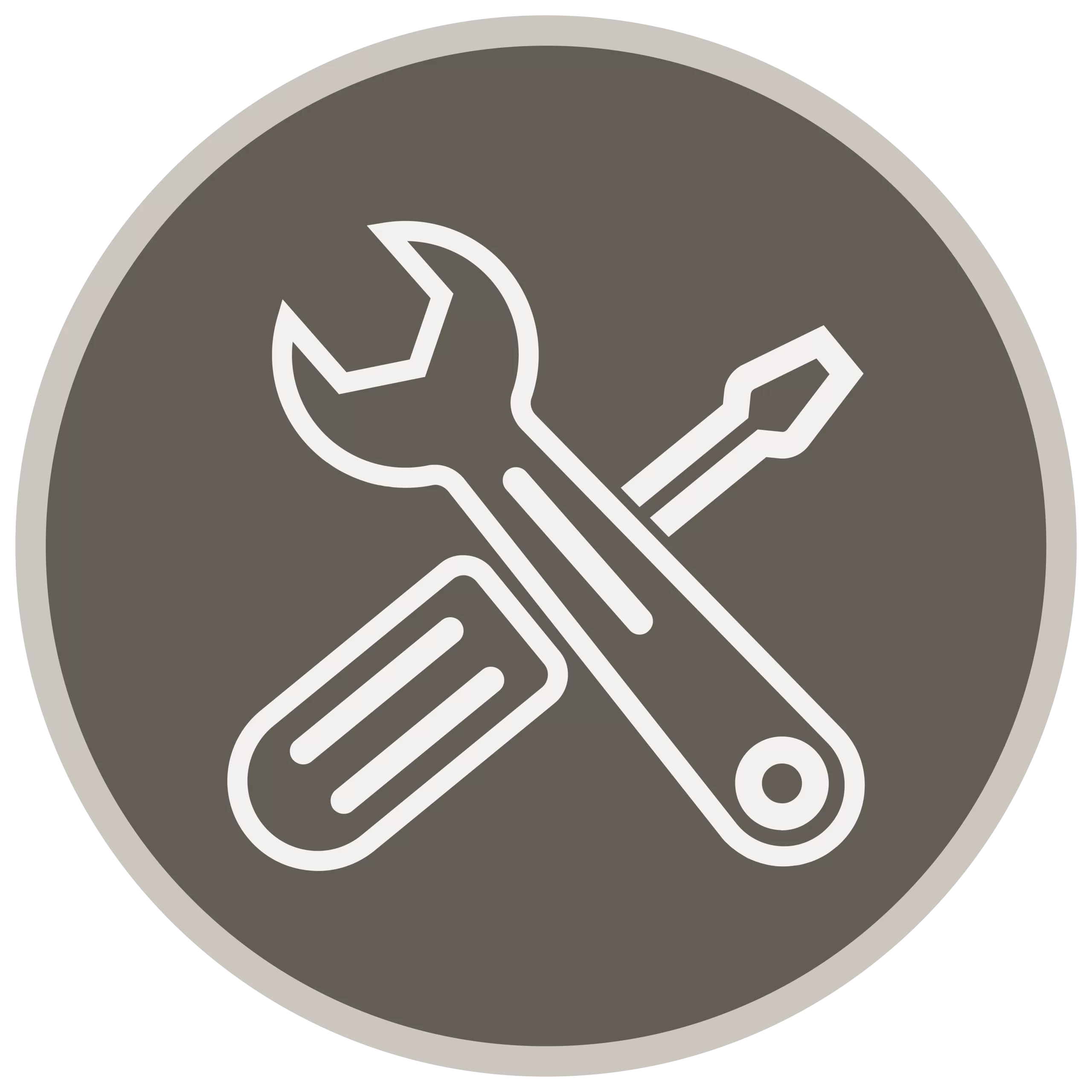 A gray circle with a white outline contains icons of a wrench and a screwdriver crossed over each other.