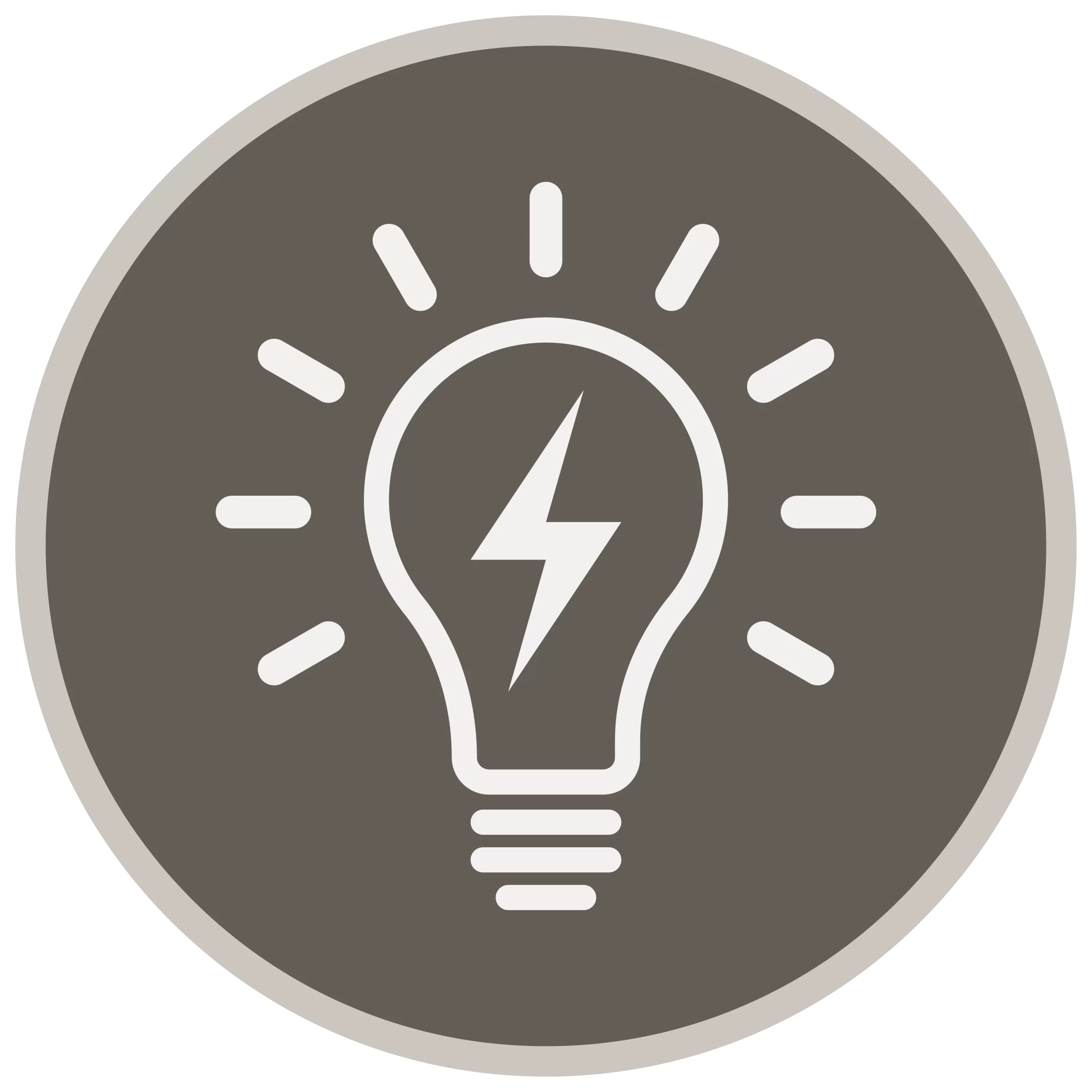 A gray circular icon featuring a white light bulb with a lightning bolt inside and rays emanating from it.