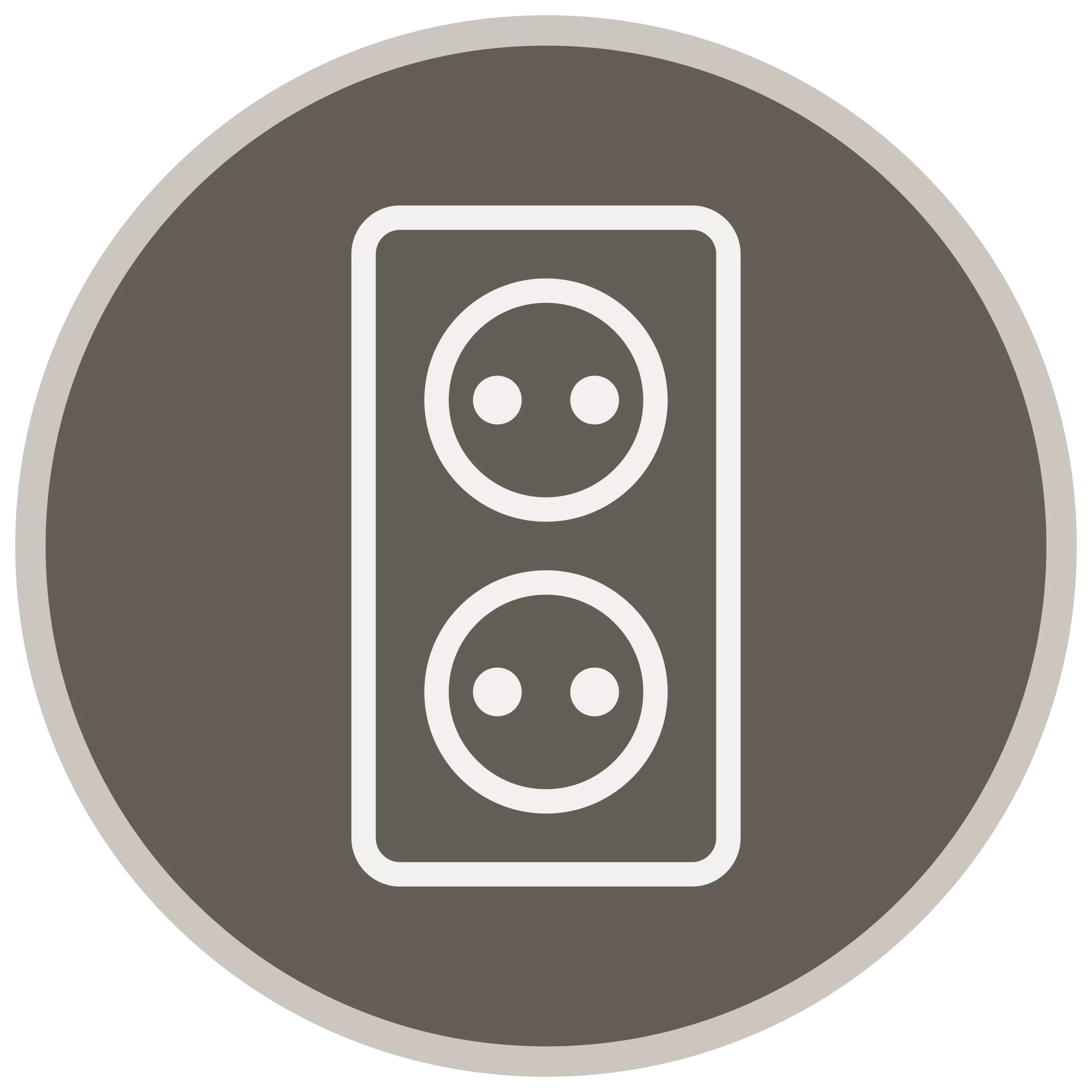 A circular icon with a gray background featuring a white outline of a double electrical outlet in the center.