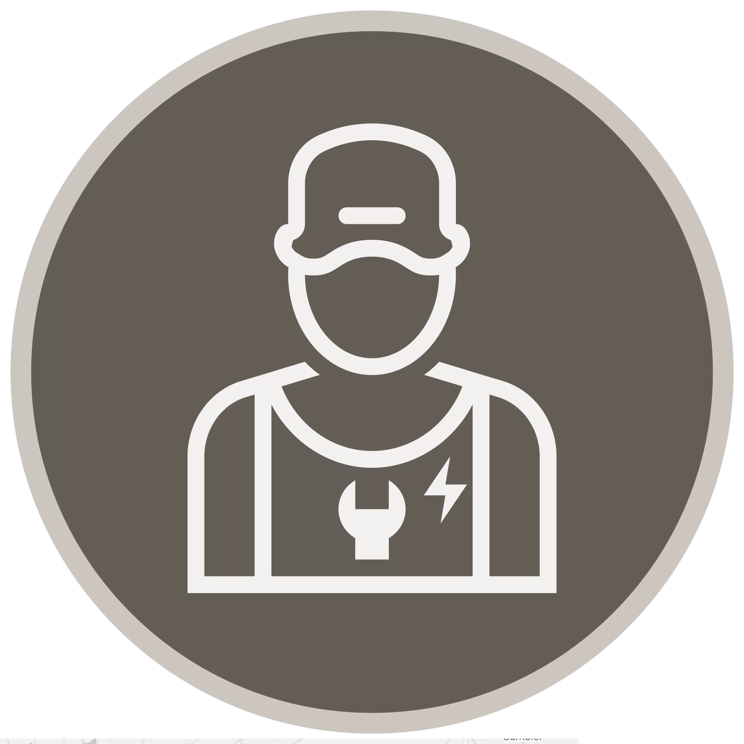 Icon of a person wearing a cap and overalls, with a wrench and lightning bolt symbol.