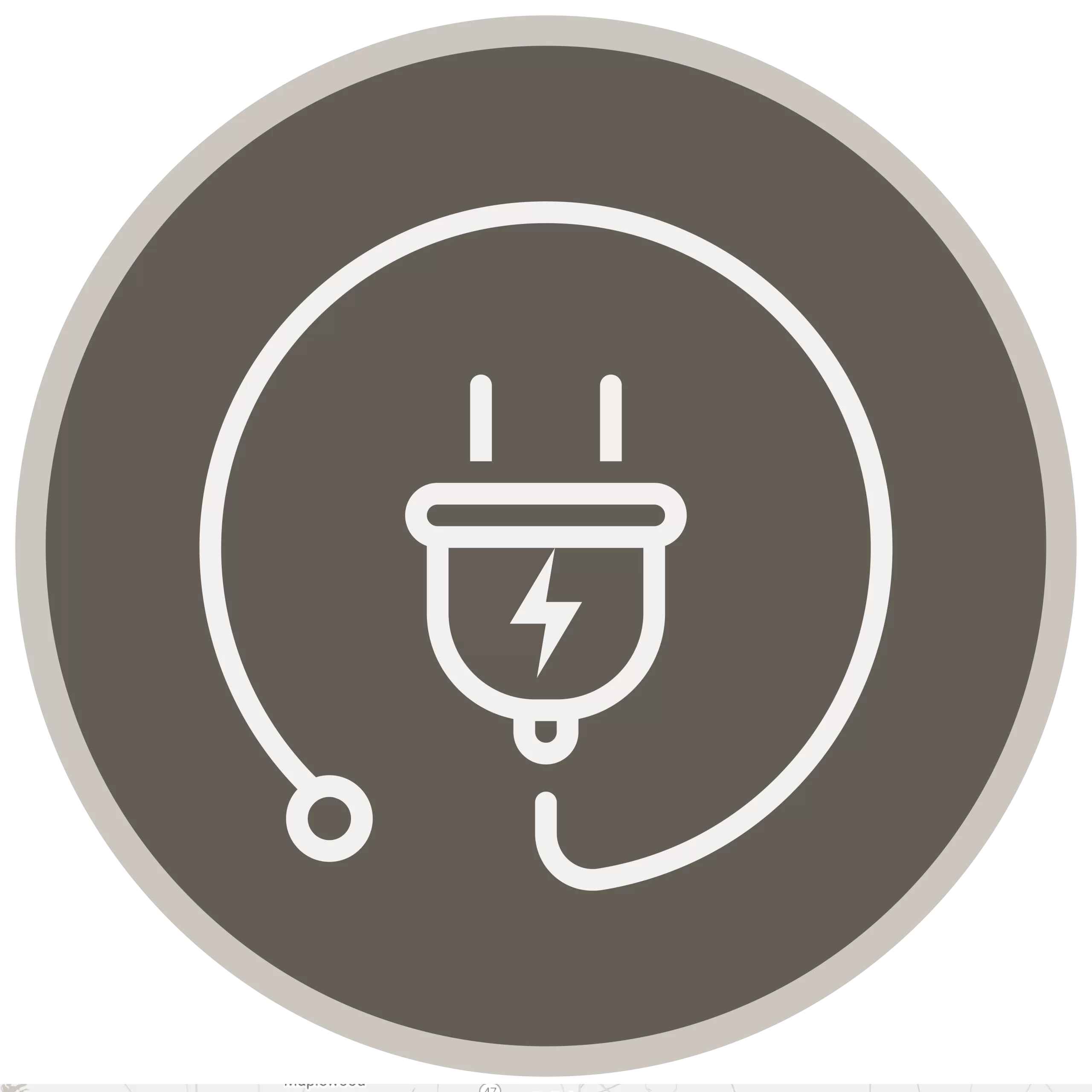 A gray circular icon with a white outline of an electrical plug and cord featuring a lightning bolt symbol on the plug.