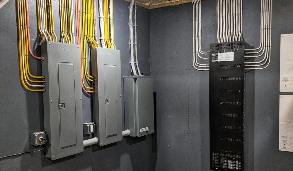 Electrical panels installed in a basement by Kramer Electrical, a local electrician in Central Ohio.