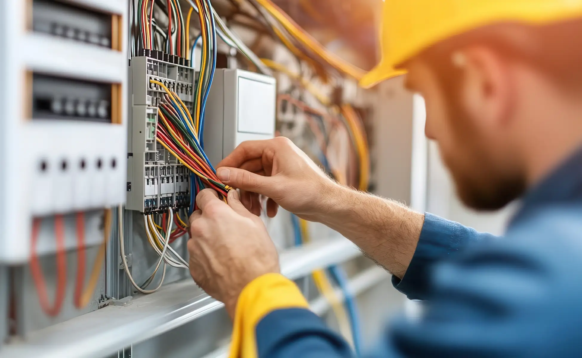 Person wearing a yellow hard hat and blue shirt connects multiple colored wires to an electrical panel in a home, working on essential electrical upgrades.